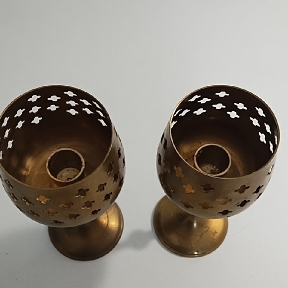 Vintage Brass Gothic-Inspired Candle Holders with Intricate Cut-Outs - Picture 3 of 10